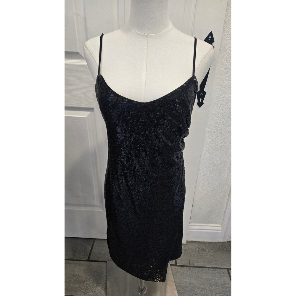 Lulus Black Sequin Mini Dress Adjustable Spaghetti Strap V-Neck Bodycon Medium
